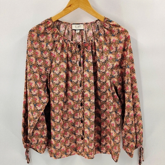 J. Crew Button Up Blouse Size XXL Multicolor Peasant Style Long Sleeve Tie Front - Picture 1 of 6
